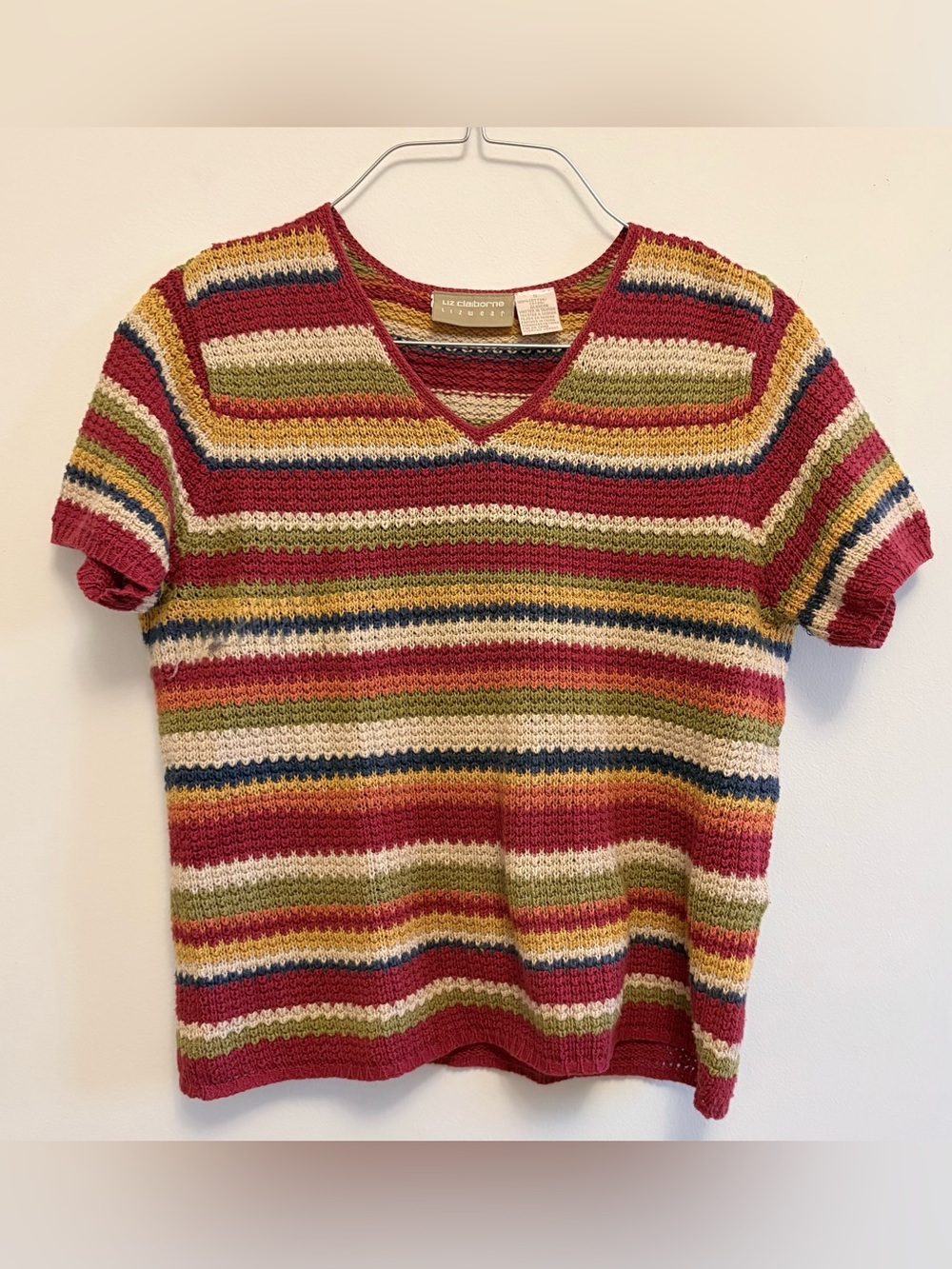 Liz Claiborne Knit Stripe Short-Sleeve V-Neck Sweater